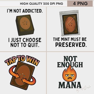 May include: A four-panel graphic with text and illustrations related to a card game. The panels include a deck of cards, a card in a plastic sleeve, a card with arrows, and a flame with a face. Text includes "I'm not addicted," and "Tap to Win."