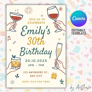 Faire-part d'anniversaire modifiable, anniversaire à thème Cheers, carte de fête en toile, faire-part d'anniversaire pour adulte, invitation vin Cheers imprimable, cocktail