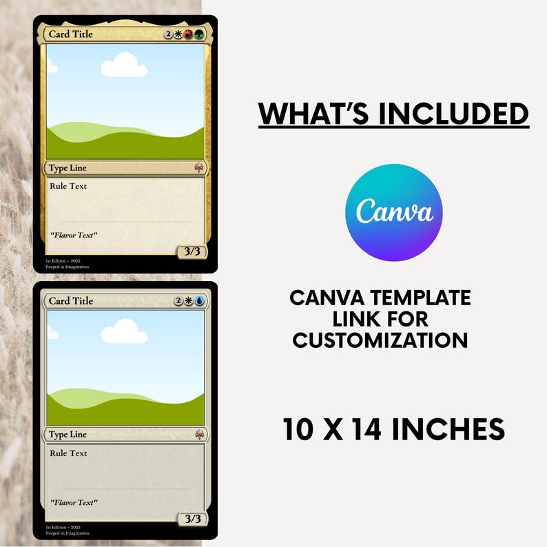 Puede incluir: Dos plantillas de tarjetas imprimibles para crear tarjetas de colecci&oacute;n personalizadas. Las plantillas miden 25,4 x 35,6 cm y presentan un cielo azul claro con una nube blanca, una colina verde cubierta de hierba y un marco de tarjeta blanco con campos de texto para el t&iacute;tulo de la tarjeta, la l&iacute;nea de tipo, el texto de la regla y el texto de sabor. Las plantillas est&aacute;n dise&ntilde;adas para ser utilizadas con Canva.