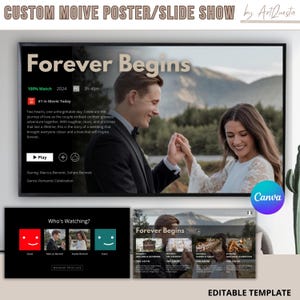 Modelo de pôster de filme personalizado Canva, apresentação de slides editável para aniversário de casamento, aniversário de namorados, design de pôster de streaming personalizado