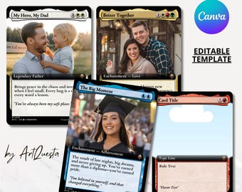 Plantilla de tarjeta MTG personalizada, tarjeta fotográfica editable de Canva (descarga digital), regalo imprimible estilo Magic para novios, graduaciones o fanáticos de los juegos de rol.