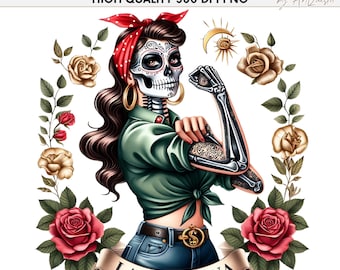 May include: A digital illustration of a woman with sugar skull makeup, wearing a red bandana, green shirt, and blue jeans. She has a strong, muscular arm with a skeleton design. The image is surrounded by a wreath of roses and leaves. The text "LA CHINGONA" appears twice in the image.