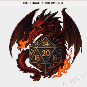 D20 Drachen Clipart PNG, DnD Würfel Art, Fantasy Drachen Design, RPG Clipart Digital, Würfelspiel Art, Feuerdrache PNG Download, Drachen Clipart