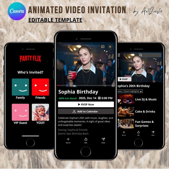 Streaming style invitation, animated video invite, digital birthday card, Canva editable template, movie theme party invite, birthday video
