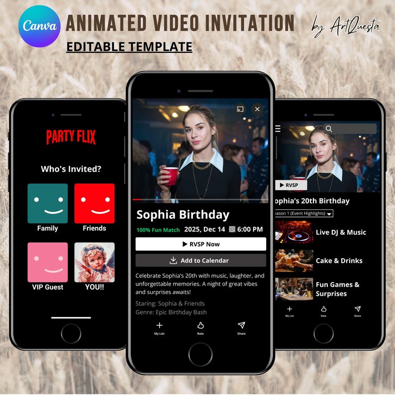 A digital animated video invitation template designed in a Netflix streaming platform style. Features a modern party theme with customizable text and images, perfect for birthdays and special events. Editable in Canva.