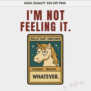 Unicornio divertido PNG, arte divertido de cartas mágicas, diseño de unicornio sarcástico, meme de jugador, criatura fantástica de mal humor, cita de meme PNG, MTG divertido PNG