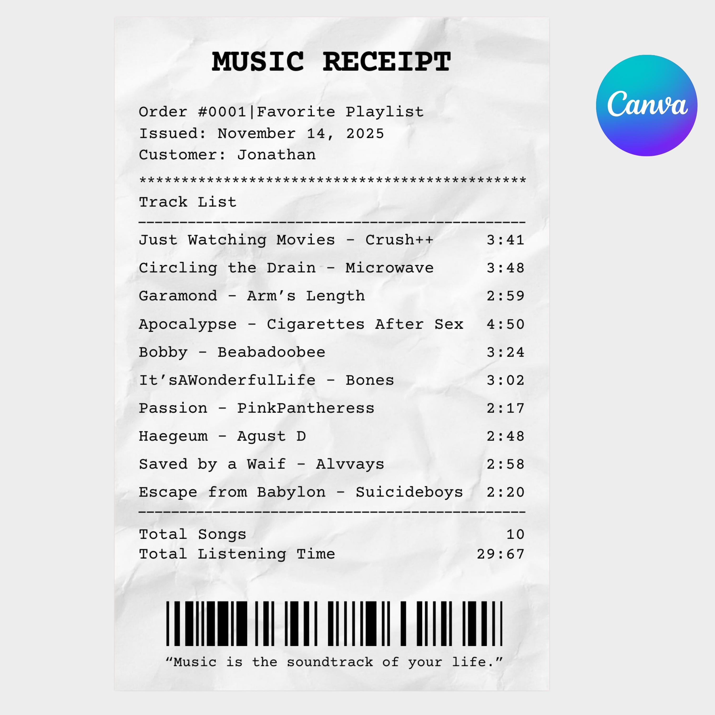 Custom playlist poster, edit your music receipt.