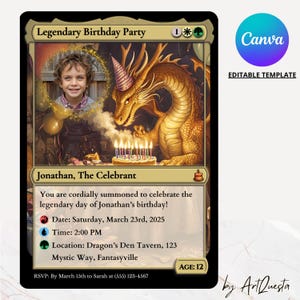 Plantilla de invitación de cumpleaños de MTG, tarjeta de estilo MTG editable, invitación a una fiesta con temática de dragón, tarjeta de cumpleaños de fantasía, plantilla Canva personalizable