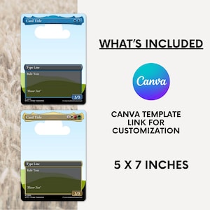 May include: Two printable card templates for a trading card game. The templates are 5 x 7 inches and feature a blue and gold design with space for text and images. The templates are customizable using Canva.