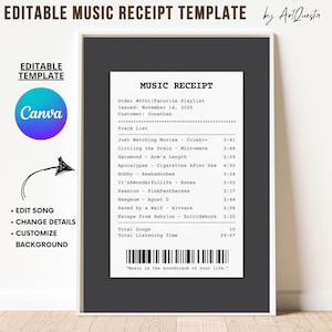 May include: A black and white printable music receipt template with the text "Music Receipt" and "Music is the soundtrack of your life." The template includes a list of songs, artists, and their lengths. The template is editable and customizable.