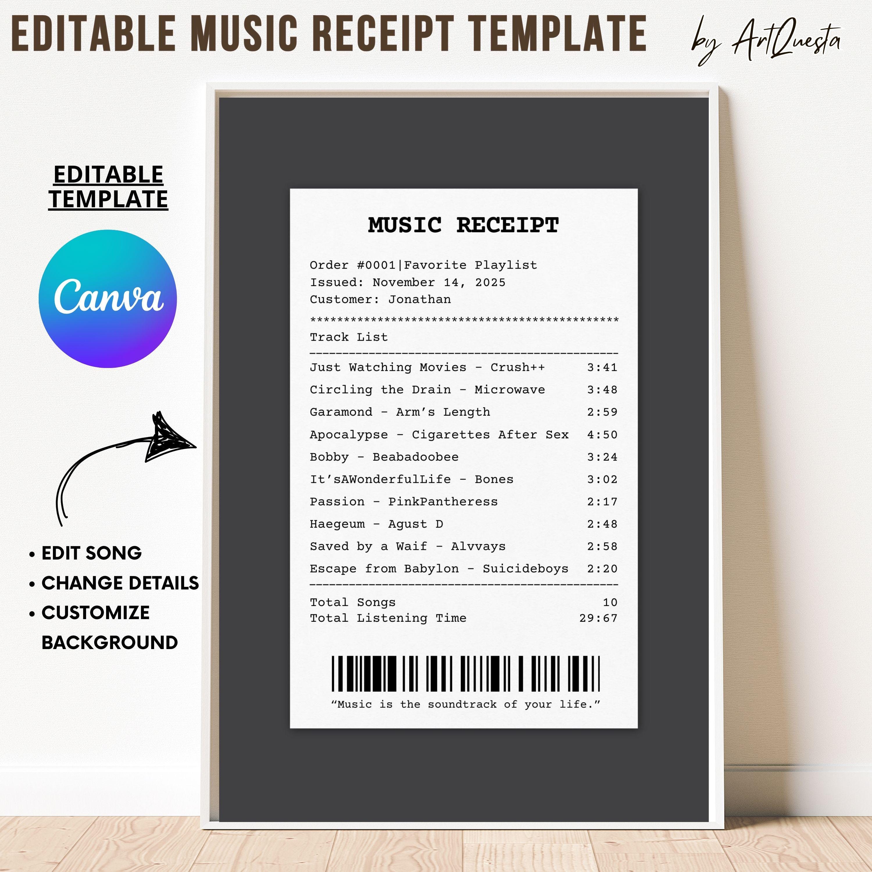 Editable Music Receipt Template, Custom Song Playlist Poster ...