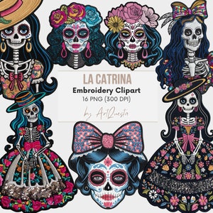 La Catrina borduurwerk clipart, dag van de dode borduurkunst, Dia de los Muertos clipart, La Catrina digitale kunst, dag van de dode clipart
