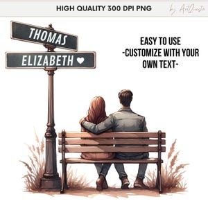 Placa de rua de casal personalizada PNG, design de cena de banco romântico, placa de casal personalizada, presente de aniversário, sublimação de dia dos namorados, casamento PNG