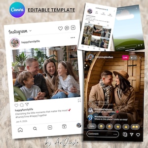 May include: A collage of Instagram posts featuring a family of four laughing together, a couple in a cozy cabin setting, and a wedding photographer's profile. The posts include hashtags like #FamilyTime and #HappyTogether.