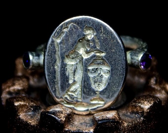 Ancient Greek Coin Ring - 925 Sterling Silver Intaglio Signet, Adjustable
