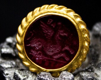 Pegasus Red Glass Intaglio Ring - Handmade 925K Sterling Silver