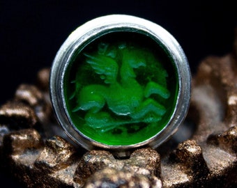 Pegasus Green Glass Intaglio Ring – Handmade Sterling Silver, Ancient Design
