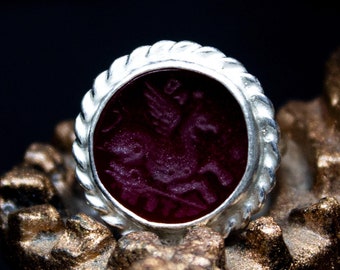 Handmade Pegasus Intaglio Ring – 925 Sterling Silver, Red Glass