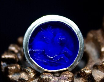 Pegasus Intaglio Ring – Handmade 925K Sterling Silver, Blue Glass Signet