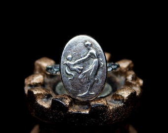 Handmade Ancient Greek Coin Sterling Silver Ring - Intaglio Signet
