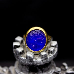 Athena Blue Glass Intaglio Handmade Ring - 925K Sterling Silver - Fashion Ring - Adjustable Mythological Ring - Personalized Gift By Calyra