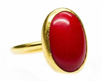 Handmade Oval Red Coral Ring - 24K Gold Plated Sterling Silver