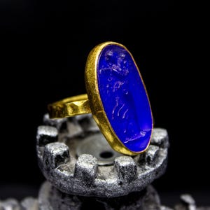 Aphrodite Blue Glass Intaglio Handmade Ring - 925 Sterling Silver - Dainty Ring - Ancient Glass Ring - Christmas Gift - Adjustable By Calyra