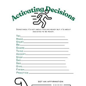 Może przedstawiać: Biała kartka papieru z napisem "Activating Decisions" w zielonym kolorze. Poniżej lista słów akcji takich jak "Try", "Make" i "Start" z pustymi liniami. Na górze znajduje się grafika biegającej osoby.