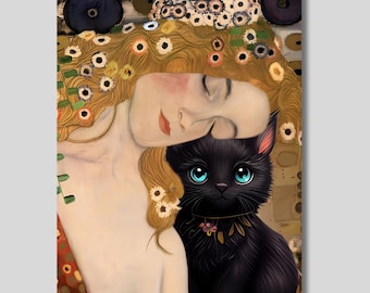 ジクレー版画とキャンバス、「金の猫」、オリジナルの猫のアート、金の