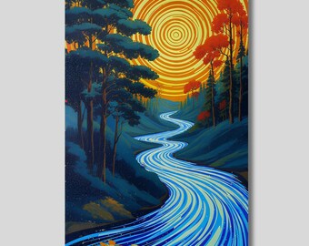 Psychedelic River Forest Canvas Art: Swirling Stream Surreal Landscape Print