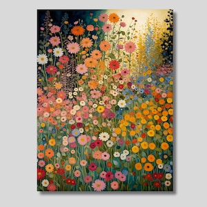 Gustav Klimt Stil Wilde Blumen Leinwand Wandkunst, Blumendekor, Blumen Druck, Landschaftskunst, neutraler Ton, trendige Wanddekoration, Geschenkidee