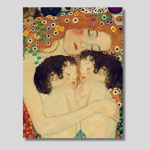 グスタフ・クリムト作「母と双子」キャンバス壁アート、母と子のジクレー壁アート、クリムトのアートワークプリント、彼女への贈り物、母親への贈り物