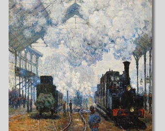 貨物列車 - クロード・モネの手描き油絵複製、風景の中の町を通る蒸気