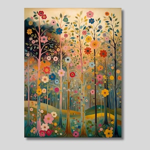Gustav Klimt inspirierte Blumenwald Leinwand Wandkunst, Blumen Druck, Ausstellungsplakat, Blumendekor, Landschaft, Botanischer Druck, trendige Kunst
