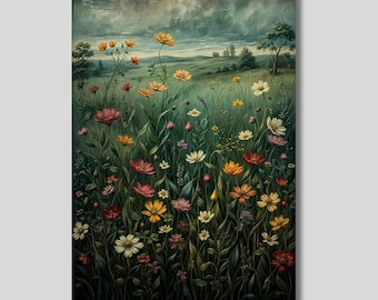Wildflower Field Canvas Art: Vintage Botanical Landscape Print