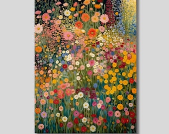 Gustav Klimt Inspired Wildflower Canvas Print: Floral Landscape Art