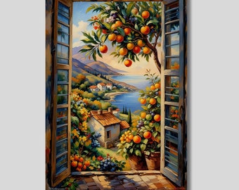 Op de afbeelding: Een schilderij van een raam met open luiken dat uitkijkt op een kustscène. Het raam is omlijst door een houten frame en de luiken zijn lichtblauw geverfd. Het uitzicht buiten het raam toont een klein dorpje dat in een vallei ligt, met een blauwe zee op de achtergrond. Op de voorgrond staan sinaasappelbomen met weelderig groen gebladerte en rijpe sinaasappelen.