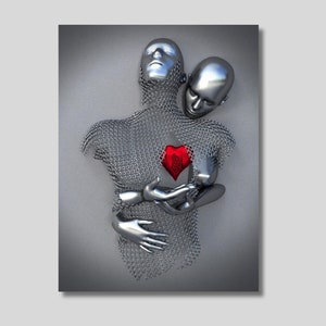 Love Heart Grey Canvas, Love Heart Wall Art, Couple Hugging Poster, Love Art Print, Silver Wall Design, Red Heart Canvas, Gift for Lovers