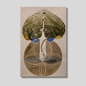 May include: A watercolor painting of a stylized, abstract design with a green, brown, blue, and yellow color scheme. The design features a circular shape with a central point and radiating lines, and a larger, rounded shape above it with a series of concentric circles.