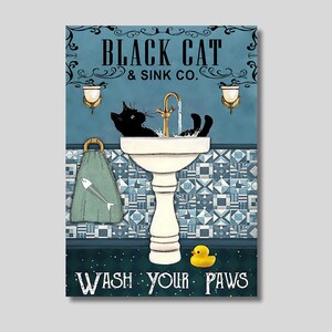 Wash Your Paws Canvas Wall Art, Black Cat Wall Art Print, Wash Your Paws Poster, Bathroom Poster, Funny Restroom Canvas, Gift For Cat Lovers