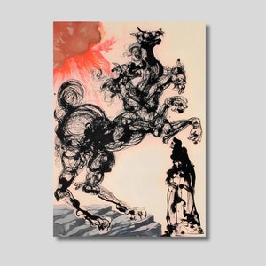 May include: A black and white ink drawing of a mythical creature with multiple heads and legs, resembling a horse, standing on a rocky surface. The creature is facing a figure standing on a platform. The background is a soft pink with a red and orange abstract shape.