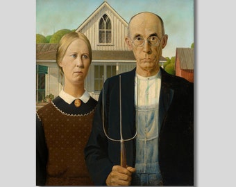 May include: A painting of a couple standing in front of a house. The man is wearing a dark jacket, overalls, and a straw hat. He is holding a pitchfork. The woman is wearing a brown dress and a white collar. The house is white with a red roof. The background is a green field.