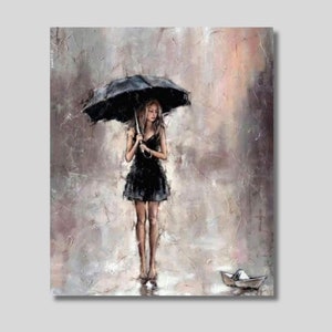 Woman with Umbrella Canvas Wall Art, Rainy Day Woman Print, Woman Walking in the Rain, Oil Painting, Abstract Wall Decor, Gift for Lovers