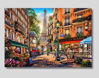 May include: A colourful painting of a Parisian street scene with the Eiffel Tower in the background. Buildings with balconies and awnings line the cobbled street. A bicycle, a red car, and a clock tower are also visible. A bakery is open for business.
