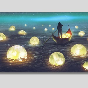 Moon Canvas Art: Ship in Night Sea, Bedroom Wall Decor