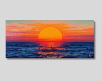 Sunset Ocean Canvas Wall Art: Seascape Painting Print, Vibrant Coastal Home Decor