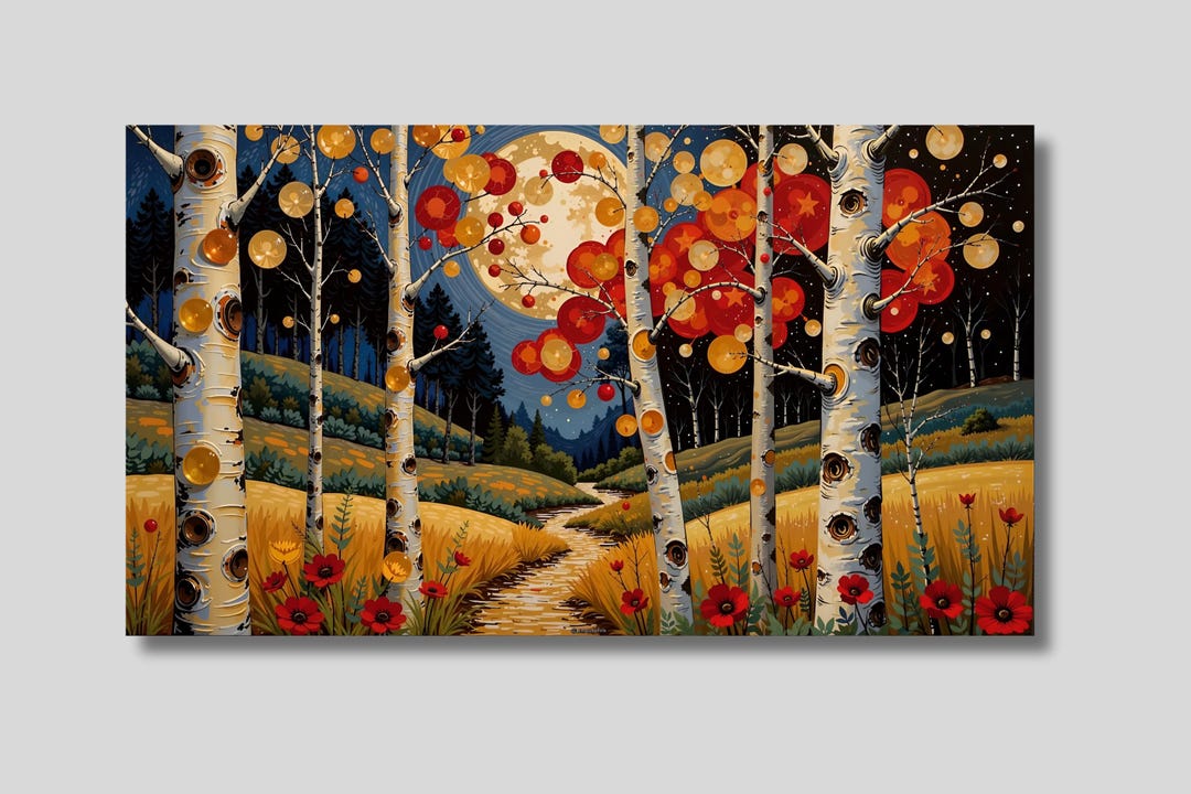 Moonlit Forest Landscape Canvas Wall Art: Night Sky Birch Tree Painting ...