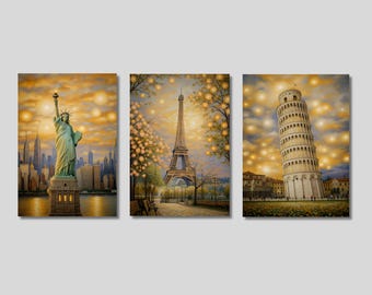 May include: A triptych of paintings depicting famous landmarks. The left panel shows the Statue of Liberty in New York City, the middle panel shows the Eiffel Tower in Paris, and the right panel shows the Leaning Tower of Pisa in Italy. Each landmark is surrounded by a glowing, golden light.