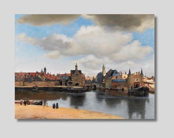 May include: A painting depicting a Dutch cityscape with a canal, buildings, and a cloudy sky. The scene is dominated by a large building with a tower, and there are several boats in the canal. The painting is in a realistic style and features muted colours.