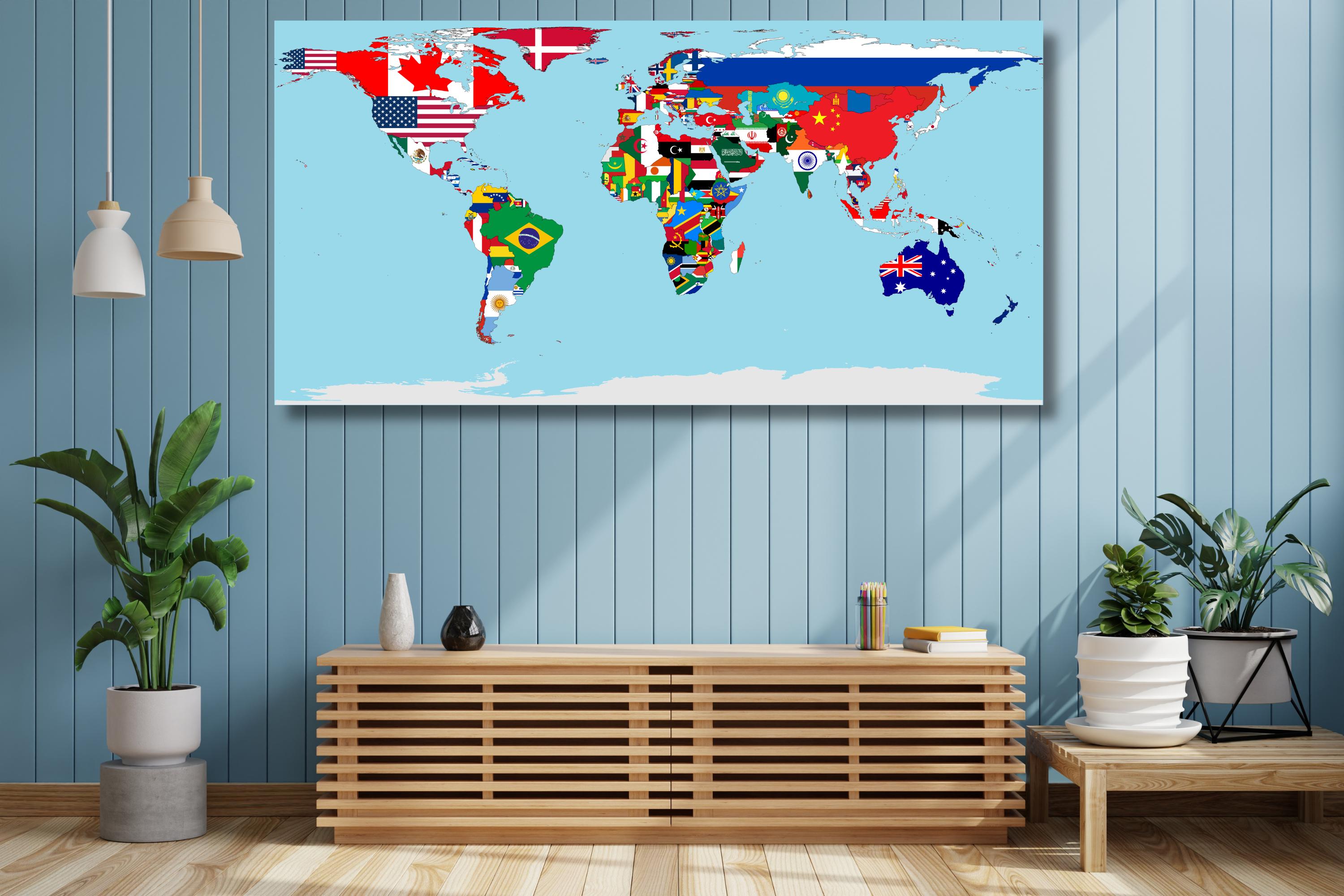 国旗付き世界地図キャンバスプリント：旅行ウォールアート - Etsy 日本